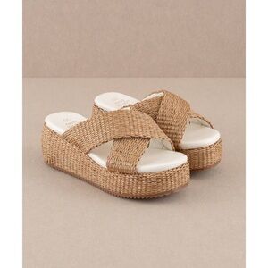 Oasis society, Tan and White Wedge Shoes with Criss-Cross Straps